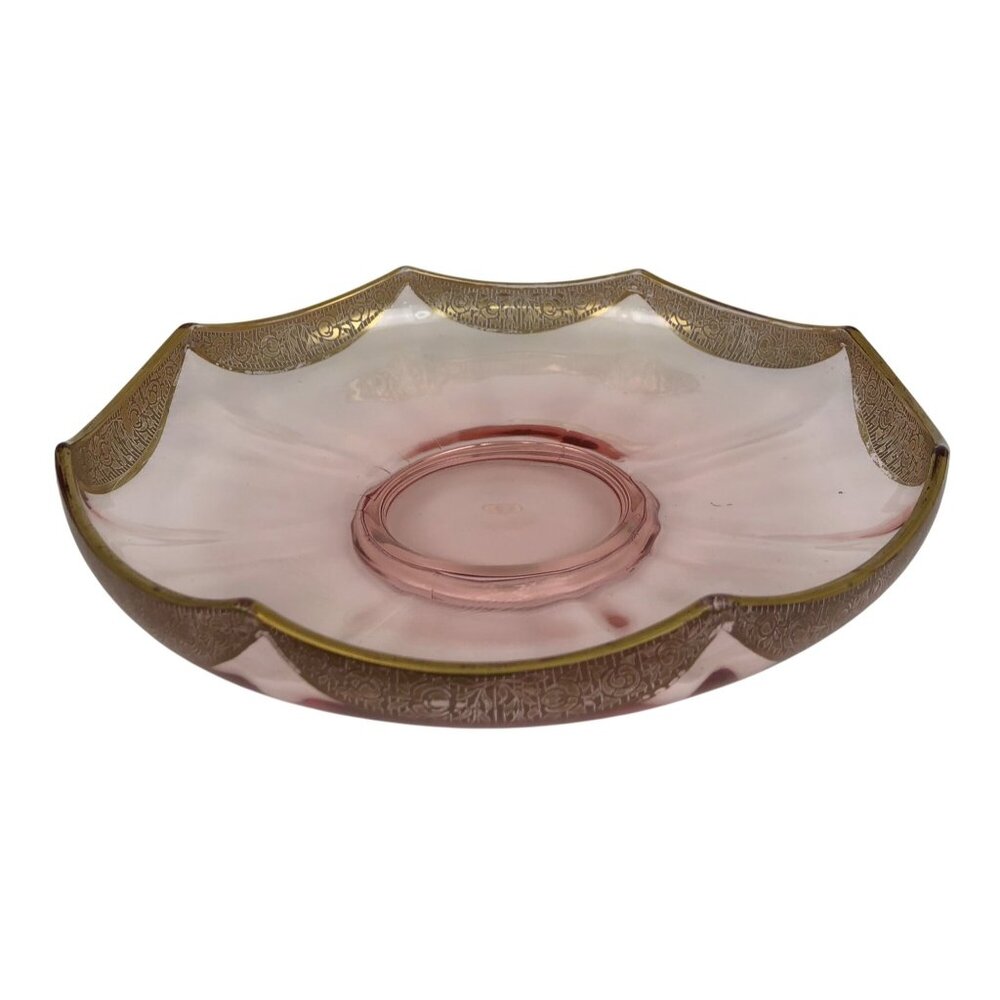 Rambler Rose Pink Tiffin-Franciscan Depression Glass 9" Gold Scalloped Edge Bowl